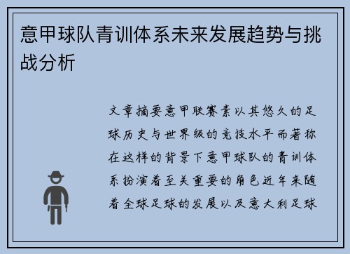 意甲球队青训体系未来发展趋势与挑战分析