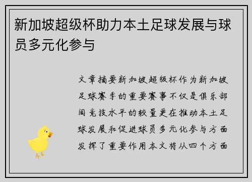 新加坡超级杯助力本土足球发展与球员多元化参与