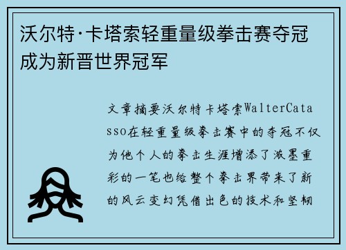 沃尔特·卡塔索轻重量级拳击赛夺冠 成为新晋世界冠军